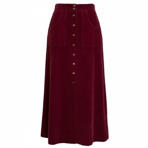 Vintage 70s Burgundy Velveteen Button Front Maxi Skirt Boho Folk Hippie‎ Medium